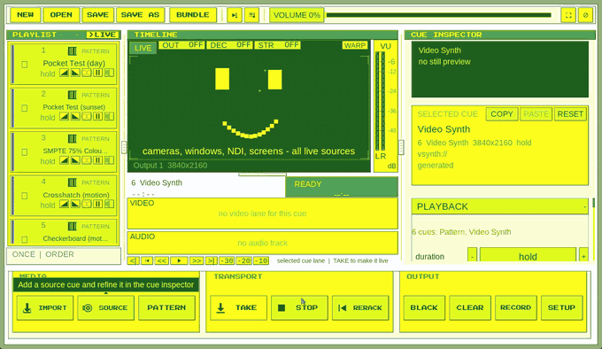 Deckboy taking generated cues to air, then stacking scanlines, ripple and a kaleidoscope onto the live picture, then the built-in video synth in Game Boy green.