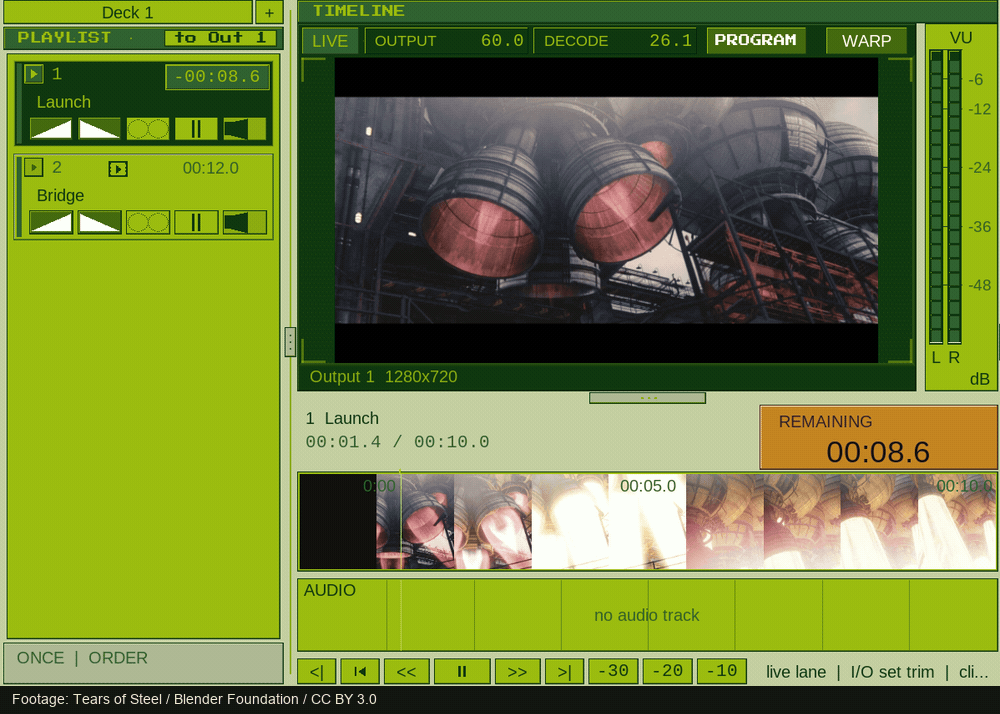 Deckboy 0.99.419 playing Tears of Steel with the next video cue selected.