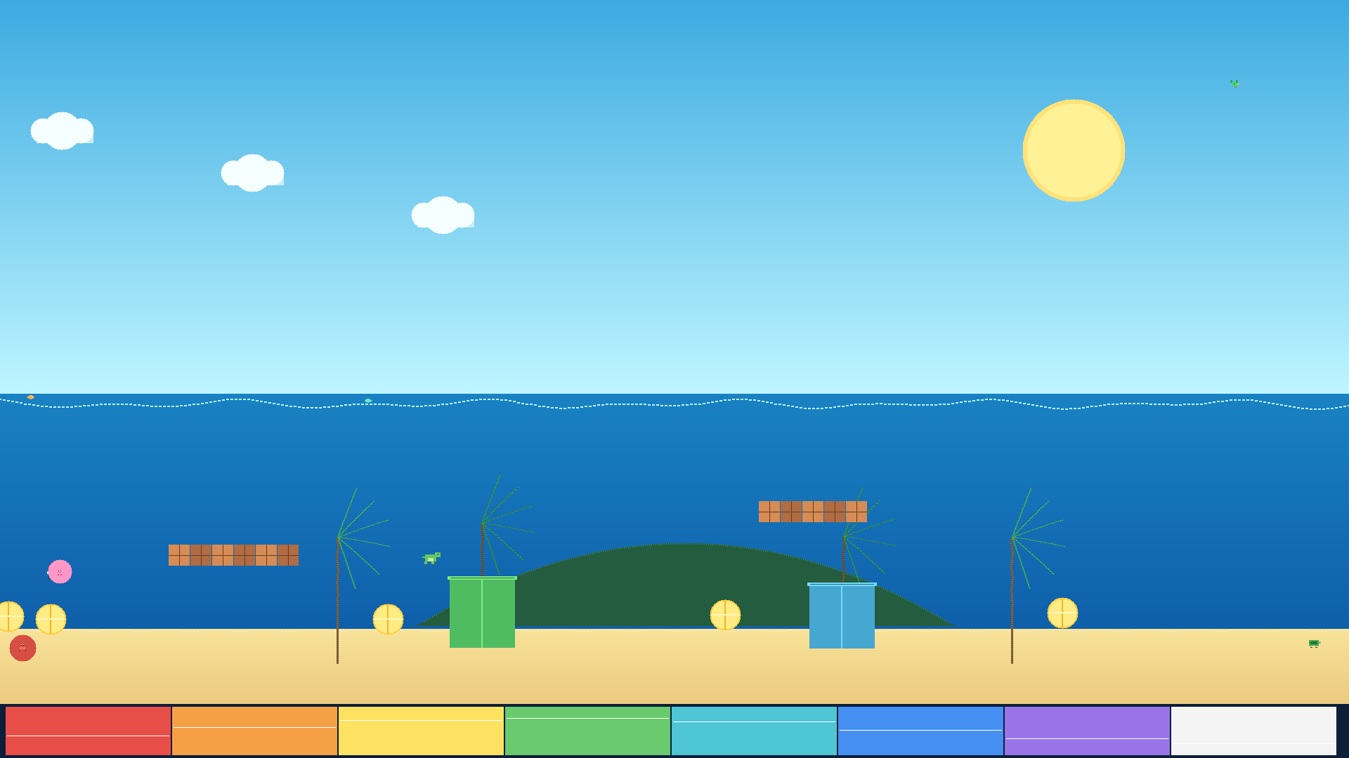 A pixel-art seaside scene in daylight: sky gradient, sea, sand and small details