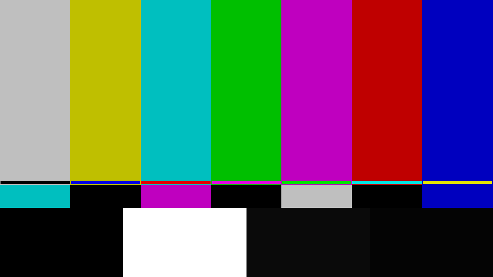 SMPTE colour bars with the pluge strip along the bottom